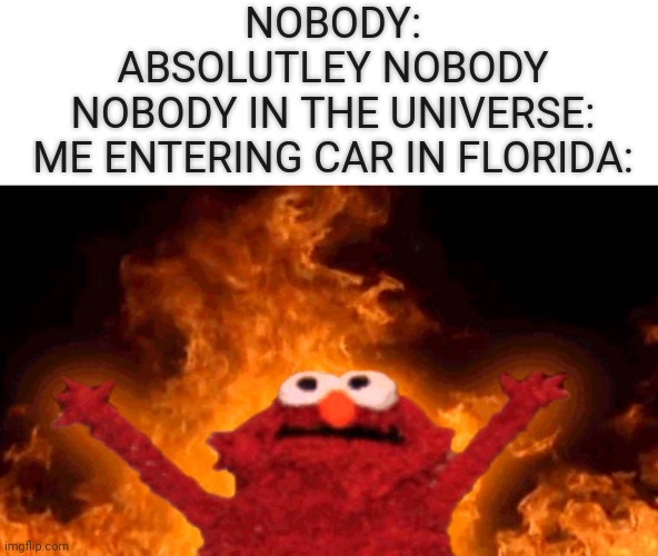 elmo fire | NOBODY:
ABSOLUTLEY NOBODY
NOBODY IN THE UNIVERSE:
ME ENTERING CAR IN FLORIDA: | image tagged in elmo fire | made w/ Imgflip meme maker