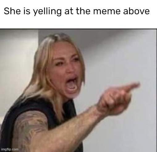 She is yelling at the meme above | image tagged in blank white template | made w/ Imgflip meme maker