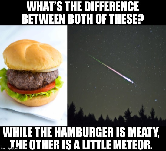 Meaty | WHAT’S THE DIFFERENCE BETWEEN BOTH OF THESE? WHILE THE HAMBURGER IS MEATY, THE OTHER IS A LITTLE METEOR. | image tagged in bad pun | made w/ Imgflip meme maker