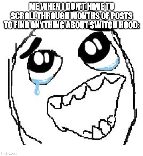 Happy Guy Rage Face Meme | ME WHEN I DON'T HAVE TO SCROLL THROUGH MONTHS OF POSTS TO FIND ANYTHING ABOUT SWITCH HOOD: | image tagged in memes,happy guy rage face | made w/ Imgflip meme maker