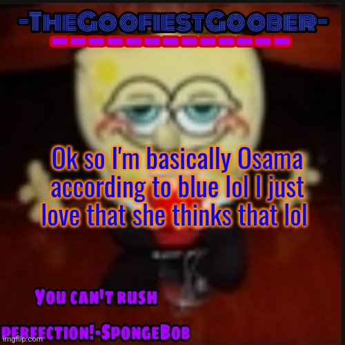 It's hilarious | Ok so I'm basically Osama according to blue lol I just love that she thinks that lol | image tagged in -thegoofiestgoober idk jpg announcement template | made w/ Imgflip meme maker