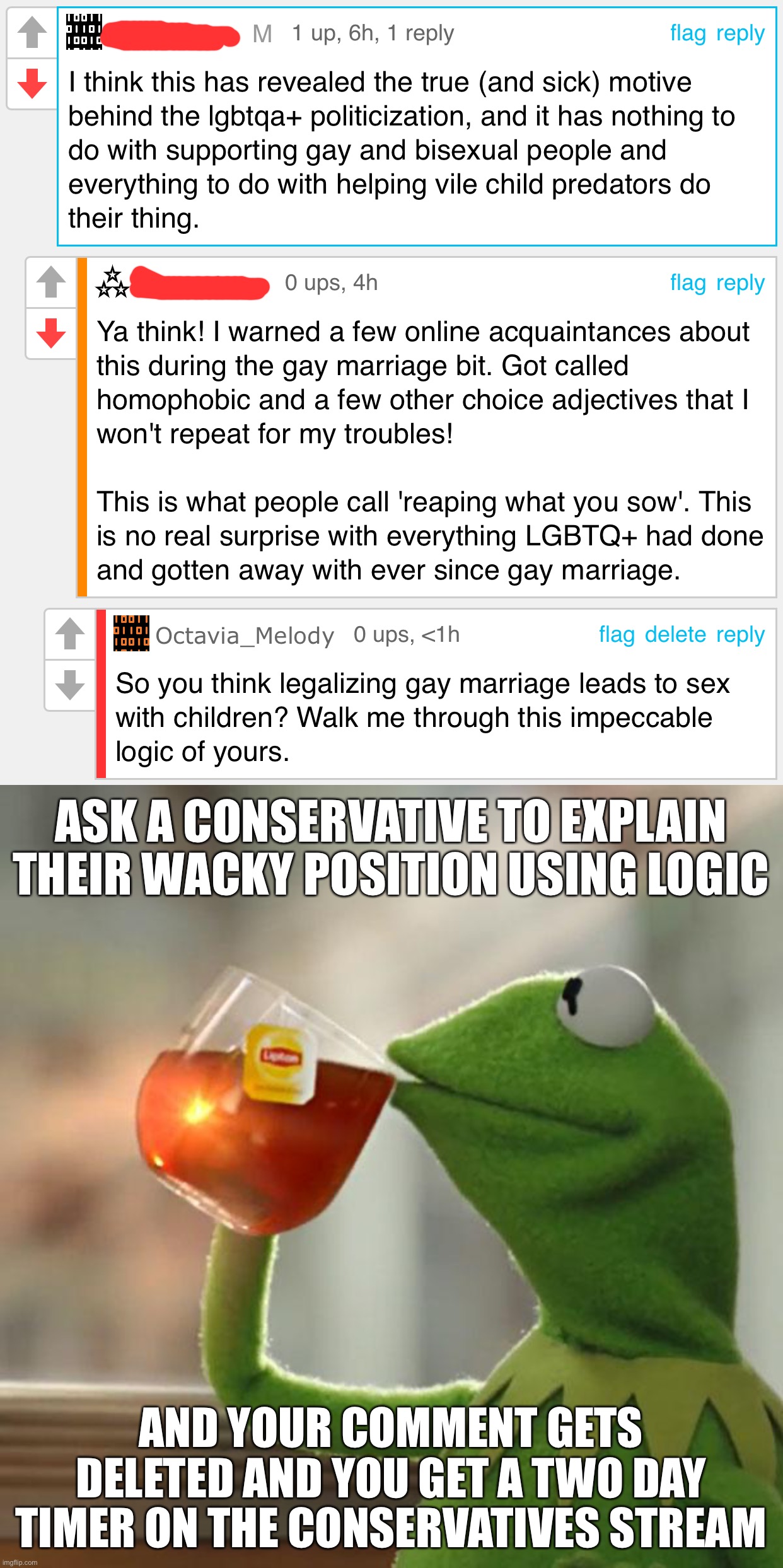 ASK A CONSERVATIVE TO EXPLAIN THEIR WACKY POSITION USING LOGIC; AND YOUR COMMENT GETS DELETED AND YOU GET A TWO DAY TIMER ON THE CONSERVATIVES STREAM | image tagged in memes,but that's none of my business | made w/ Imgflip meme maker