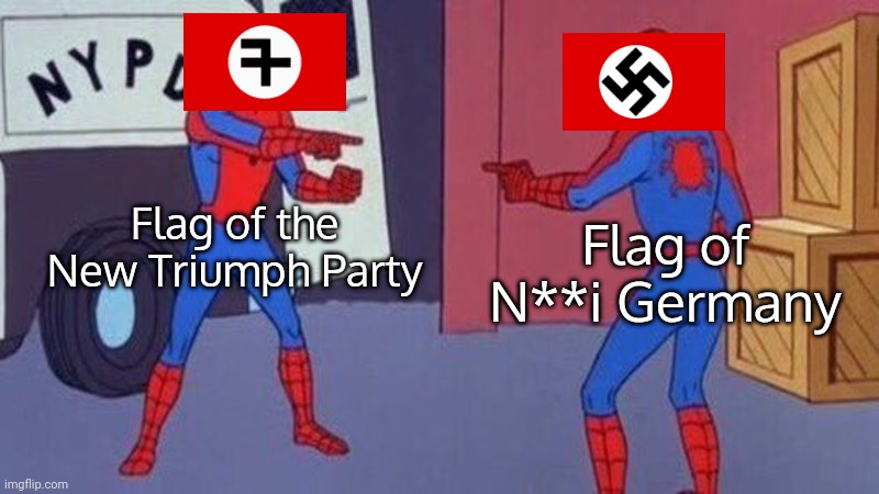 they look almost the same | Flag of the New Triumph Party; Flag of N**i Germany | image tagged in spiderman pointing at spiderman | made w/ Imgflip meme maker