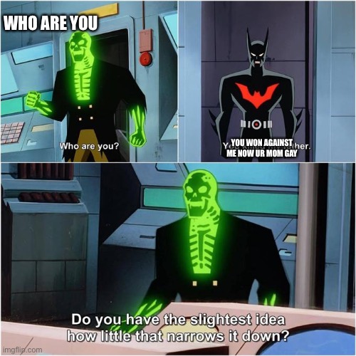 Do You Have the Slightest Idea How Little That Narrows It Down? | WHO ARE YOU; YOU WON AGAINST ME NOW UR MOM GAY | image tagged in do you have the slightest idea how little that narrows it down | made w/ Imgflip meme maker