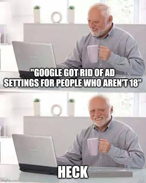 AD SETTINGS NOOKI | "GOOGLE GOT RID OF AD SETTINGS FOR PEOPLE WHO AREN'T 18"; HECK | image tagged in memes,hide the pain harold | made w/ Imgflip meme maker