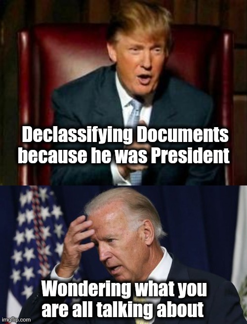 Declassifying Documents because he was President Wondering what you are all talking about | image tagged in donald trump,joe biden worries | made w/ Imgflip meme maker