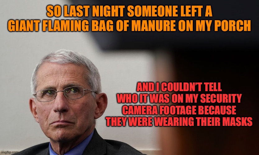 When things come back to haunt Fauci | SO LAST NIGHT SOMEONE LEFT A GIANT FLAMING BAG OF MANURE ON MY PORCH; AND I COULDN’T TELL WHO IT WAS ON MY SECURITY CAMERA FOOTAGE BECAUSE THEY WERE WEARING THEIR MASKS | image tagged in memes,dr fauci,masks,poop,fauci | made w/ Imgflip meme maker