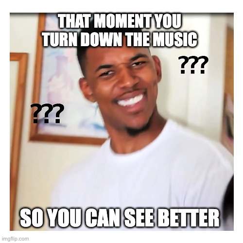 THAT MOMENT YOU TURN DOWN THE MUSIC; SO YOU CAN SEE BETTER | image tagged in funny memes | made w/ Imgflip meme maker