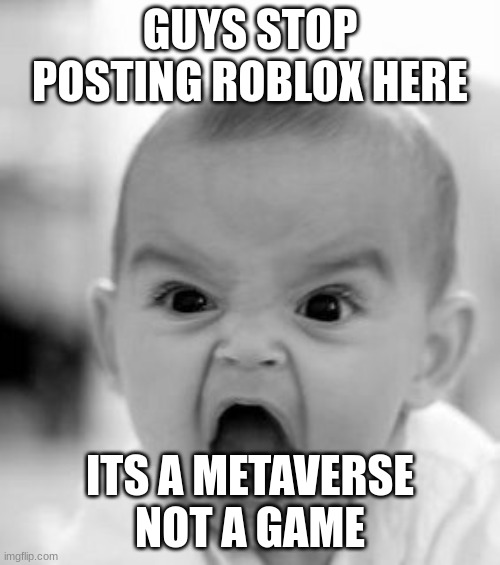 Angry Baby Meme | GUYS STOP POSTING ROBLOX HERE; ITS A METAVERSE NOT A GAME | image tagged in memes,angry baby,/j,gaming | made w/ Imgflip meme maker