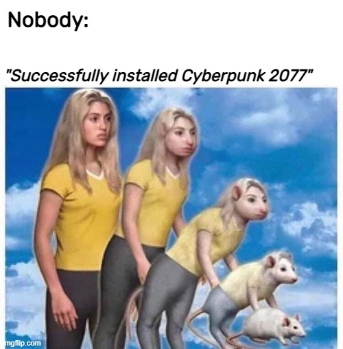 Nobody:; "Successfully installed Cyberpunk 2077" | made w/ Imgflip meme maker