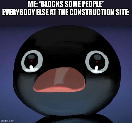 Pingu stare | ME: *BLOCKS SOME PEOPLE*
EVERYBODY ELSE AT THE CONSTRUCTION SITE: | image tagged in pingu stare | made w/ Imgflip meme maker