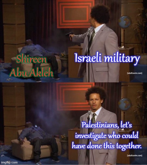 Plenty of eyewitnesses saw what they did. | Israeli military; Shireen Abu Akleh; Palestinians, let's investigate who could have done this together. | image tagged in who shot hannibal,lying,middle east | made w/ Imgflip meme maker