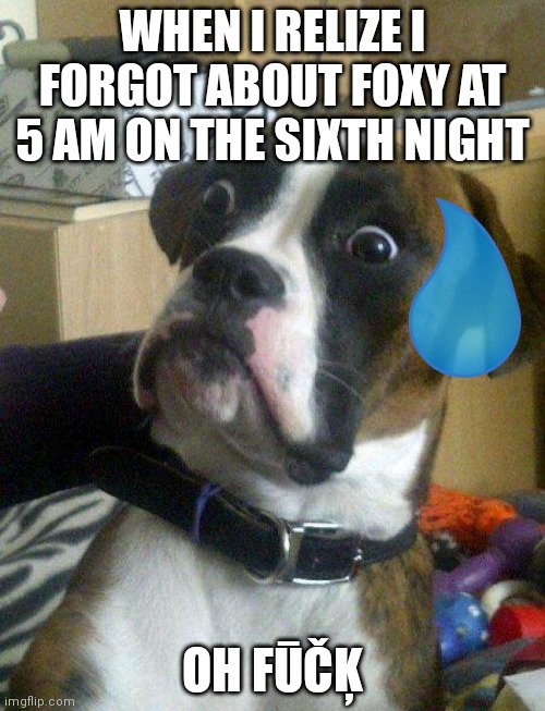 Blankie the Shocked Dog | WHEN I RELIZE I FORGOT ABOUT FOXY AT 5 AM ON THE SIXTH NIGHT; OH FŪČĶ | image tagged in blankie the shocked dog | made w/ Imgflip meme maker