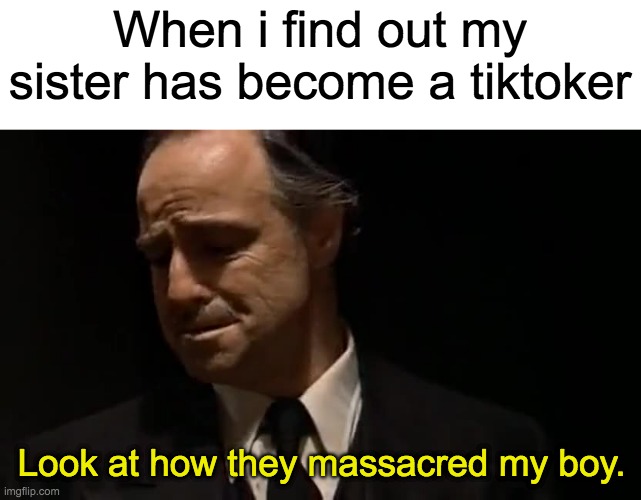 Look at how they massacred my sister. | When i find out my sister has become a tiktoker; Look at how they massacred my boy. | image tagged in look at how they massacred my boy | made w/ Imgflip meme maker