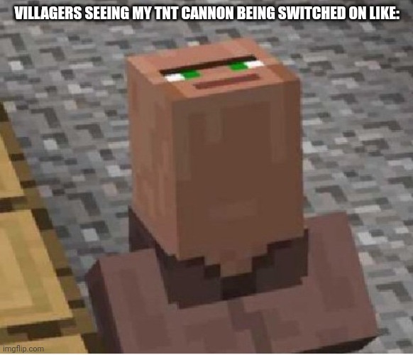 Minecraft Villager Looking Up | VILLAGERS SEEING MY TNT CANNON BEING SWITCHED ON LIKE: | image tagged in minecraft villager looking up | made w/ Imgflip meme maker
