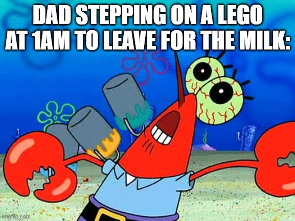 Leg-OW! | DAD STEPPING ON A LEGO AT 1AM TO LEAVE FOR THE MILK: | image tagged in oww my dolphin noise foot | made w/ Imgflip meme maker