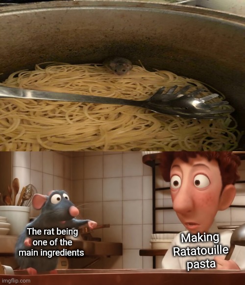 Rat in the noodles | Making Ratatouille pasta; The rat being one of the main ingredients | image tagged in ratatouille remy caught,ratatouille,joke,noodles,memes,rat | made w/ Imgflip meme maker
