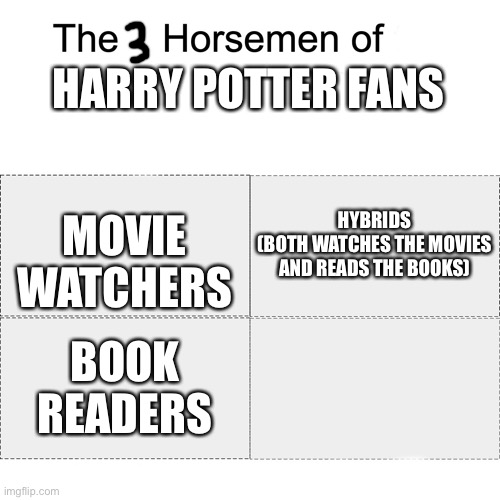My perception of the Harry Potter fandom lol | HARRY POTTER FANS; HYBRIDS
(BOTH WATCHES THE MOVIES AND READS THE BOOKS); MOVIE WATCHERS; BOOK READERS | image tagged in four horsemen | made w/ Imgflip meme maker