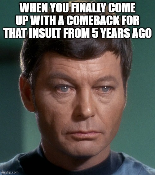 McCoy Damnit | WHEN YOU FINALLY COME UP WITH A COMEBACK FOR THAT INSULT FROM 5 YEARS AGO | image tagged in mccoy damnit | made w/ Imgflip meme maker
