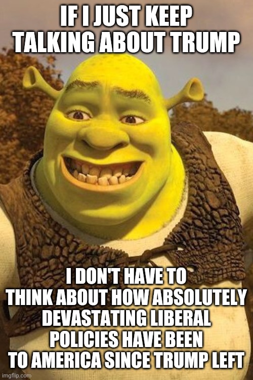 Smiling Shrek | IF I JUST KEEP TALKING ABOUT TRUMP; I DON'T HAVE TO THINK ABOUT HOW ABSOLUTELY DEVASTATING LIBERAL POLICIES HAVE BEEN TO AMERICA SINCE TRUMP LEFT | image tagged in smiling shrek | made w/ Imgflip meme maker