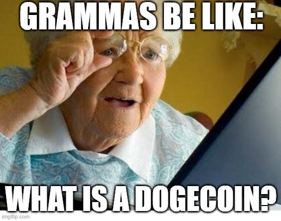 old lady at computer | GRAMMAS BE LIKE:; WHAT IS A DOGECOIN? | image tagged in old lady at computer,memes | made w/ Imgflip meme maker