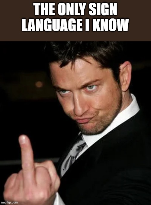 The Only Sign Language I Know |  THE ONLY SIGN LANGUAGE I KNOW | image tagged in sign language,gerard butler,middle finger,flipping the bird,funny,memes | made w/ Imgflip meme maker