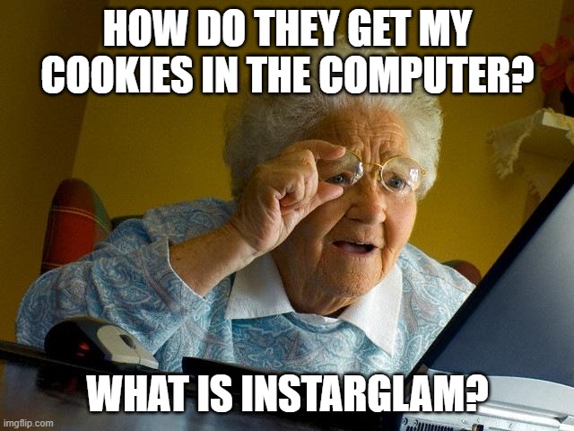 Grandma Finds The Internet | HOW DO THEY GET MY COOKIES IN THE COMPUTER? WHAT IS INSTARGLAM? | image tagged in memes,grandma finds the internet | made w/ Imgflip meme maker