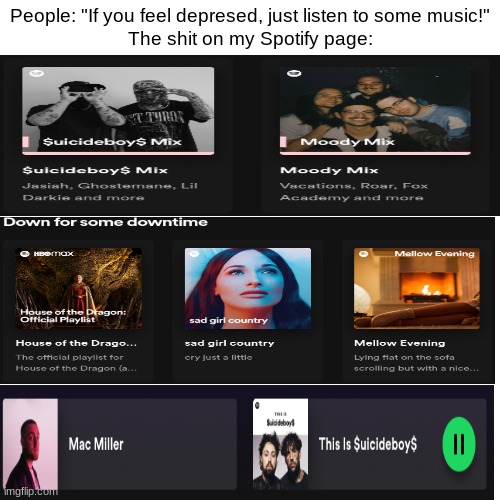 spotify moment | People: "If you feel depresed, just listen to some music!"

The shit on my Spotify page: | image tagged in memes,blank transparent square | made w/ Imgflip meme maker