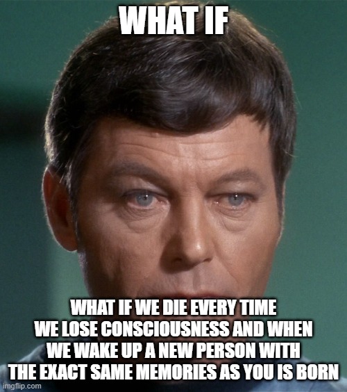 McCoy Damnit | WHAT IF; WHAT IF WE DIE EVERY TIME WE LOSE CONSCIOUSNESS AND WHEN WE WAKE UP A NEW PERSON WITH THE EXACT SAME MEMORIES AS YOU IS BORN | image tagged in mccoy damnit | made w/ Imgflip meme maker