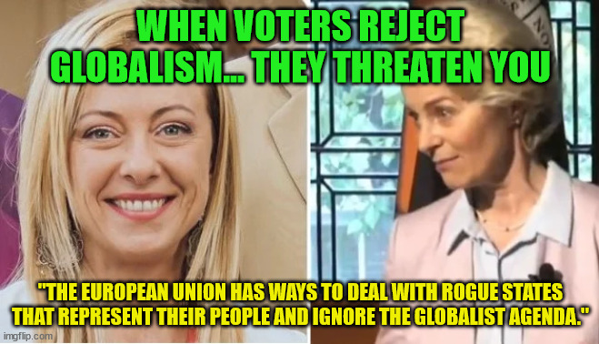 Totalitarian globlists will not allow any opposing viewpoints... | WHEN VOTERS REJECT GLOBALISM... THEY THREATEN YOU; "THE EUROPEAN UNION HAS WAYS TO DEAL WITH ROGUE STATES THAT REPRESENT THEIR PEOPLE AND IGNORE THE GLOBALIST AGENDA." | image tagged in nwo police state | made w/ Imgflip meme maker