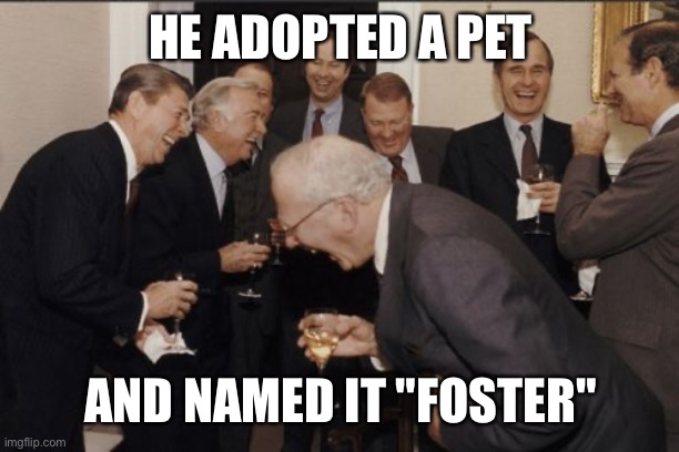 Laughing Men In Suits | HE ADOPTED A PET; AND NAMED IT "FOSTER" | image tagged in memes,laughing men in suits | made w/ Imgflip meme maker