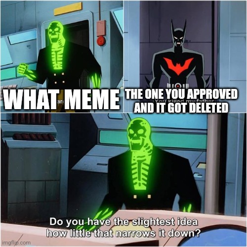 Do You Have the Slightest Idea How Little That Narrows It Down? | WHAT MEME THE ONE YOU APPROVED AND IT GOT DELETED | image tagged in do you have the slightest idea how little that narrows it down | made w/ Imgflip meme maker