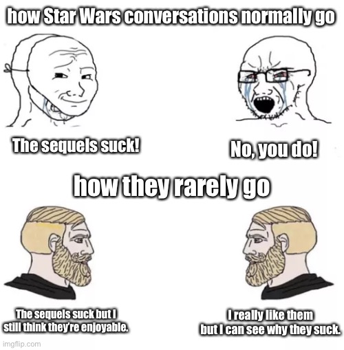 I’m a mix of the two on the bottom. | how Star Wars conversations normally go; The sequels suck! No, you do! how they rarely go; I really like them but I can see why they suck. The sequels suck but I still think they’re enjoyable. | image tagged in average fan vs average enjoyer | made w/ Imgflip meme maker