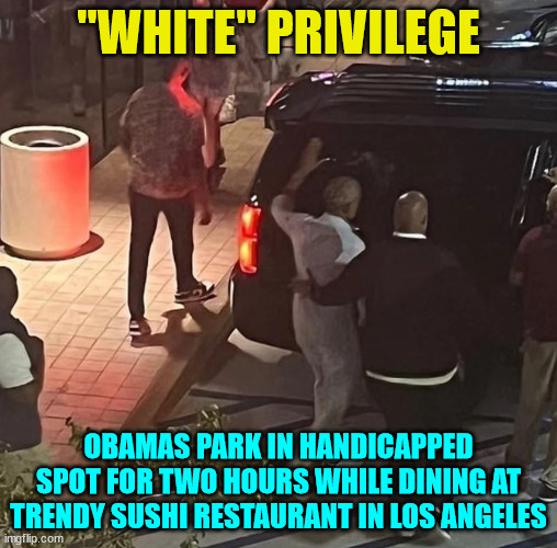 "white" privilege | "WHITE" PRIVILEGE; OBAMAS PARK IN HANDICAPPED SPOT FOR TWO HOURS WHILE DINING AT TRENDY SUSHI RESTAURANT IN LOS ANGELES | image tagged in white privilege | made w/ Imgflip meme maker