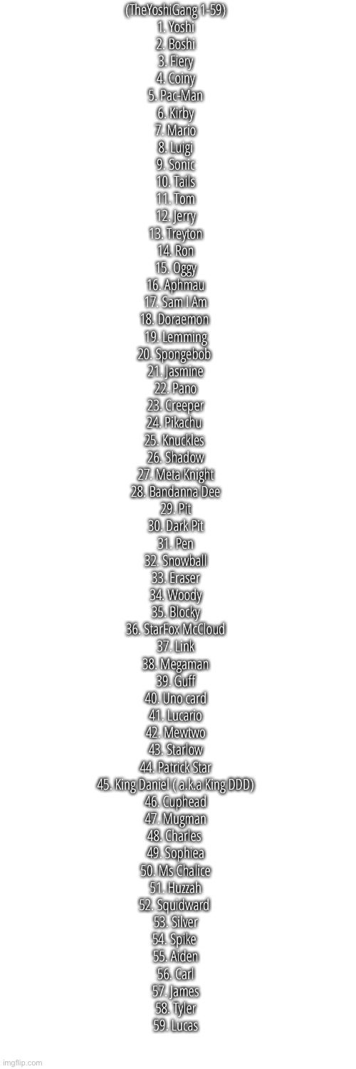 Blank Transparent Square Meme | (TheYoshiGang 1-59)

1. Yoshi
2. Boshi
3. Fiery
4. Coiny
5. Pac-Man
6. Kirby
7. Mario
8. Luigi
9. Sonic
10. Tails
11. Tom
12. Jerry
13. Treyton
14. Ron
15. Oggy
16. Aphmau
17. Sam I Am
18. Doraemon 
19. Lemming
20. Spongebob 
21. Jasmine
22. Pano
23. Creeper
24. Pikachu 
25. Knuckles 
26. Shadow
27. Meta Knight
28. Bandanna Dee
29. Pit
30. Dark Pit
31. Pen
32. Snowball
33. Eraser
34. Woody
35. Blocky
36. StarFox McCloud
37. Link
38. Megaman
39. Guff
40. Uno card
41. Lucario
42. Mewtwo
43. Starlow
44. Patrick Star
45. King Daniel ( a.k.a King DDD)
46. Cuphead
47. Mugman
48. Charles 
49. Sophiea
50. Ms Chalice
51. Huzzah
52. Squidward 
53. Silver
54. Spike 
55. Aiden
56. Carl
57. James
58. Tyler
59. Lucas | image tagged in memes,blank transparent square | made w/ Imgflip meme maker