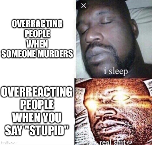 Overreacting People Be Like | OVERRACTING PEOPLE WHEN SOMEONE MURDERS; OVERREACTING PEOPLE WHEN YOU SAY "STUPID" | image tagged in overreactingpeople | made w/ Imgflip meme maker