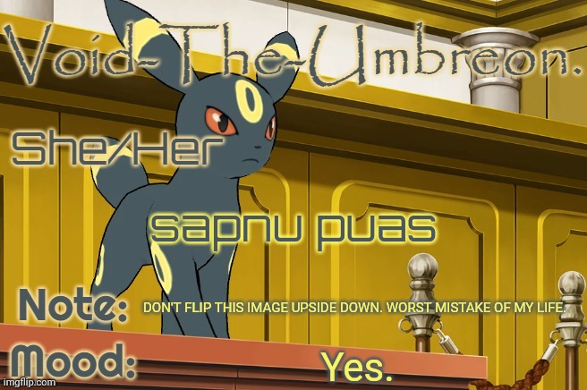 Void-The-Umbreon. Template | sapnu puas; DON'T FLIP THIS IMAGE UPSIDE DOWN. WORST MISTAKE OF MY LIFE. Yes. | image tagged in void-the-umbreon template | made w/ Imgflip meme maker