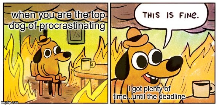This Is Fine Meme | when you are the top dog of procrastinating; I got plenty of time...until the deadline | image tagged in memes,this is fine | made w/ Imgflip meme maker