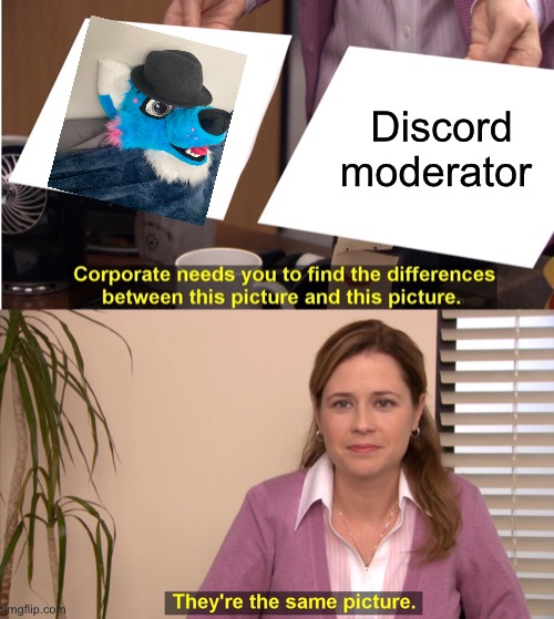 Uh oh Cory Is a discord mod now :( | Discord moderator | image tagged in memes,they're the same picture,fursuit | made w/ Imgflip meme maker