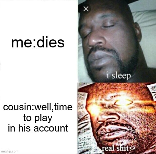 hey! |  me:dies; cousin:well,time to play in his account | image tagged in memes,sleeping shaq | made w/ Imgflip meme maker