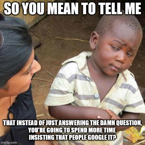 This Is Why People Don't Have Conversations Anymore | SO YOU MEAN TO TELL ME; THAT INSTEAD OF JUST ANSWERING THE DAMN QUESTION,
YOU'RE GOING TO SPEND MORE TIME 
INSISTING THAT PEOPLE GOOGLE IT? | image tagged in memes,third world skeptical kid,twitter,conversation,normal conversation | made w/ Imgflip meme maker