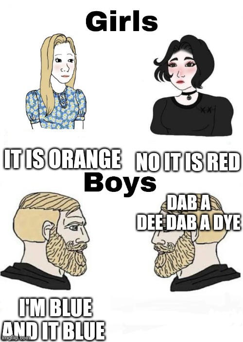 Yeaaaa | IT IS ORANGE; NO IT IS RED; DAB A DEE DAB A DYE; I'M BLUE AND IT BLUE | image tagged in girls vs boys,hehe | made w/ Imgflip meme maker