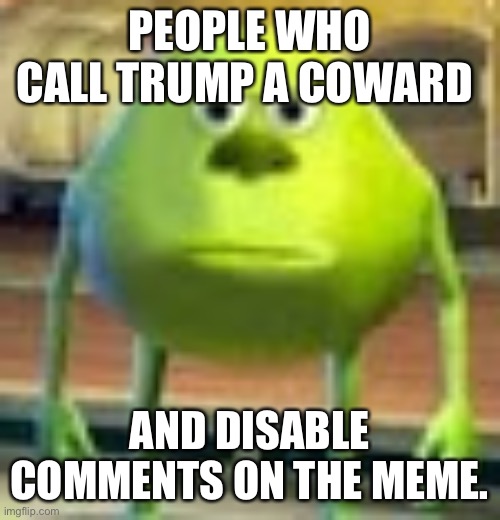 Who’s the coward now. | PEOPLE WHO CALL TRUMP A COWARD; AND DISABLE COMMENTS ON THE MEME. | image tagged in sully wazowski,politics,donald trump | made w/ Imgflip meme maker