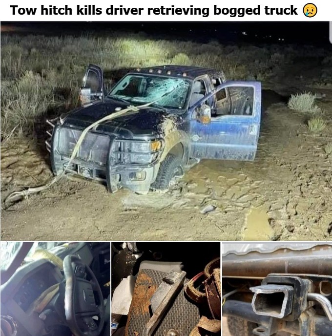 Tow hitch kills driver trying to retrieve his bogged truck | image tagged in tow line,trailer hitch,freak accidents,freaky,sudden impact,i see dead people | made w/ Imgflip meme maker