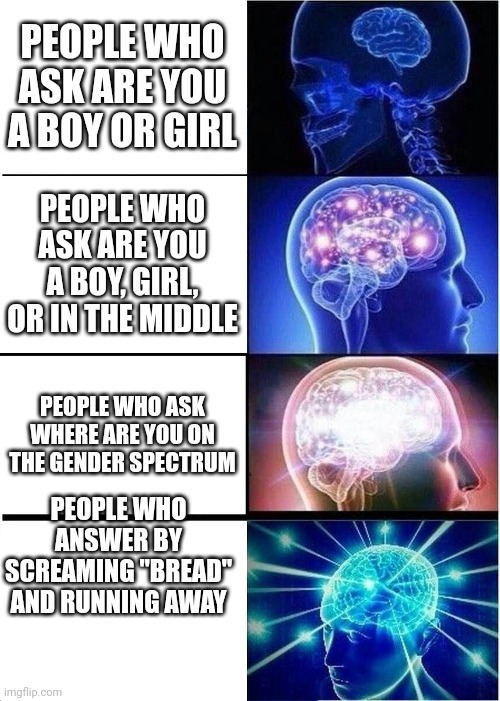 Expanding Brain Meme | PEOPLE WHO ASK ARE YOU A BOY OR GIRL; PEOPLE WHO ASK ARE YOU A BOY, GIRL, OR IN THE MIDDLE; PEOPLE WHO ASK WHERE ARE YOU ON THE GENDER SPECTRUM; PEOPLE WHO ANSWER BY SCREAMING "BREAD" AND RUNNING AWAY | image tagged in memes,expanding brain | made w/ Imgflip meme maker
