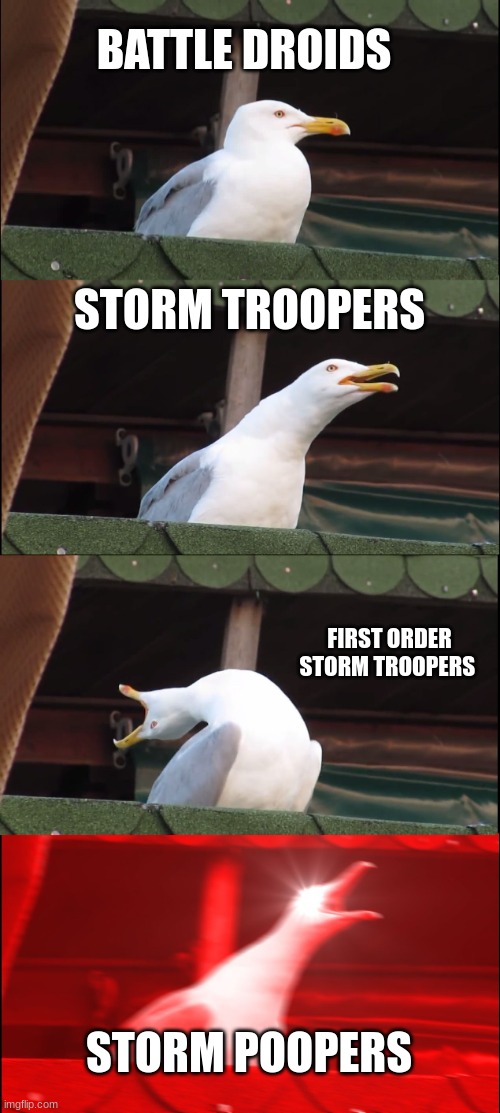 Inhaling Seagull | BATTLE DROIDS; STORM TROOPERS; FIRST ORDER STORM TROOPERS; STORM POOPERS | image tagged in memes,inhaling seagull | made w/ Imgflip meme maker