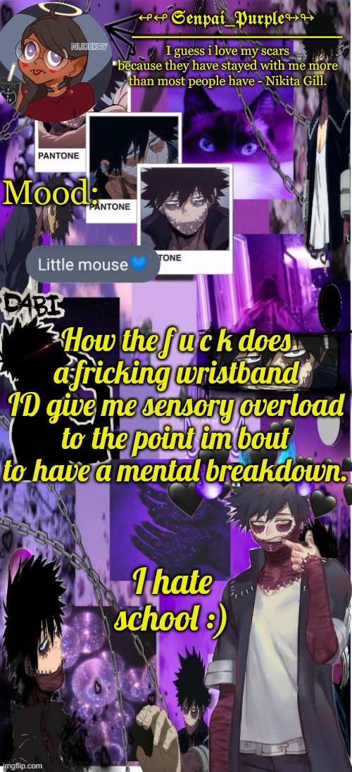 Dabi Temp :D | How the f u c k does a fricking wristband ID give me sensory overload to the point im bout to have a mental breakdown. I hate school :) | image tagged in dabi temp d | made w/ Imgflip meme maker