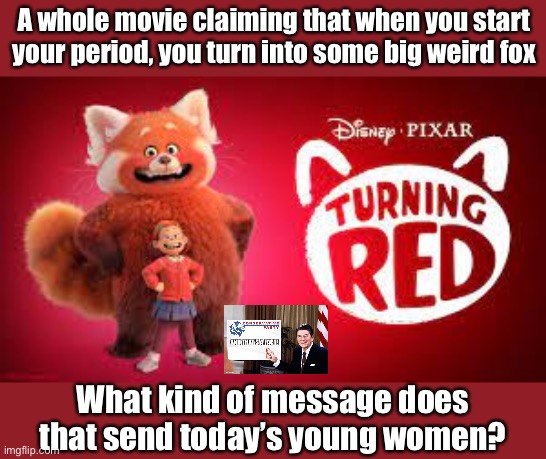 This one really missed the mark. Disney’s choice of subject-matter lately is a little weird and frankly disturbing. | A whole movie claiming that when you start your period, you turn into some big weird fox; What kind of message does that send today’s young women? | image tagged in turning red,disney,disneyphobia,big,weird,fox | made w/ Imgflip meme maker