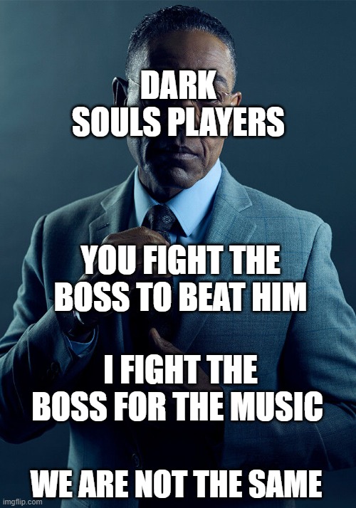 Music ! | DARK SOULS PLAYERS; YOU FIGHT THE BOSS TO BEAT HIM; I FIGHT THE BOSS FOR THE MUSIC; WE ARE NOT THE SAME | image tagged in gus fring we are not the same | made w/ Imgflip meme maker