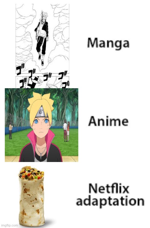 Manga Anime Netflix Adaption | image tagged in manga anime netflix adaption,anime,food,ninja,boruto,mexican food | made w/ Imgflip meme maker